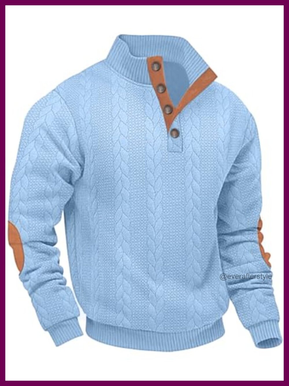 Men's Cable Knit Pullover Sweater Quarter Button Stand Collar Suede Patch